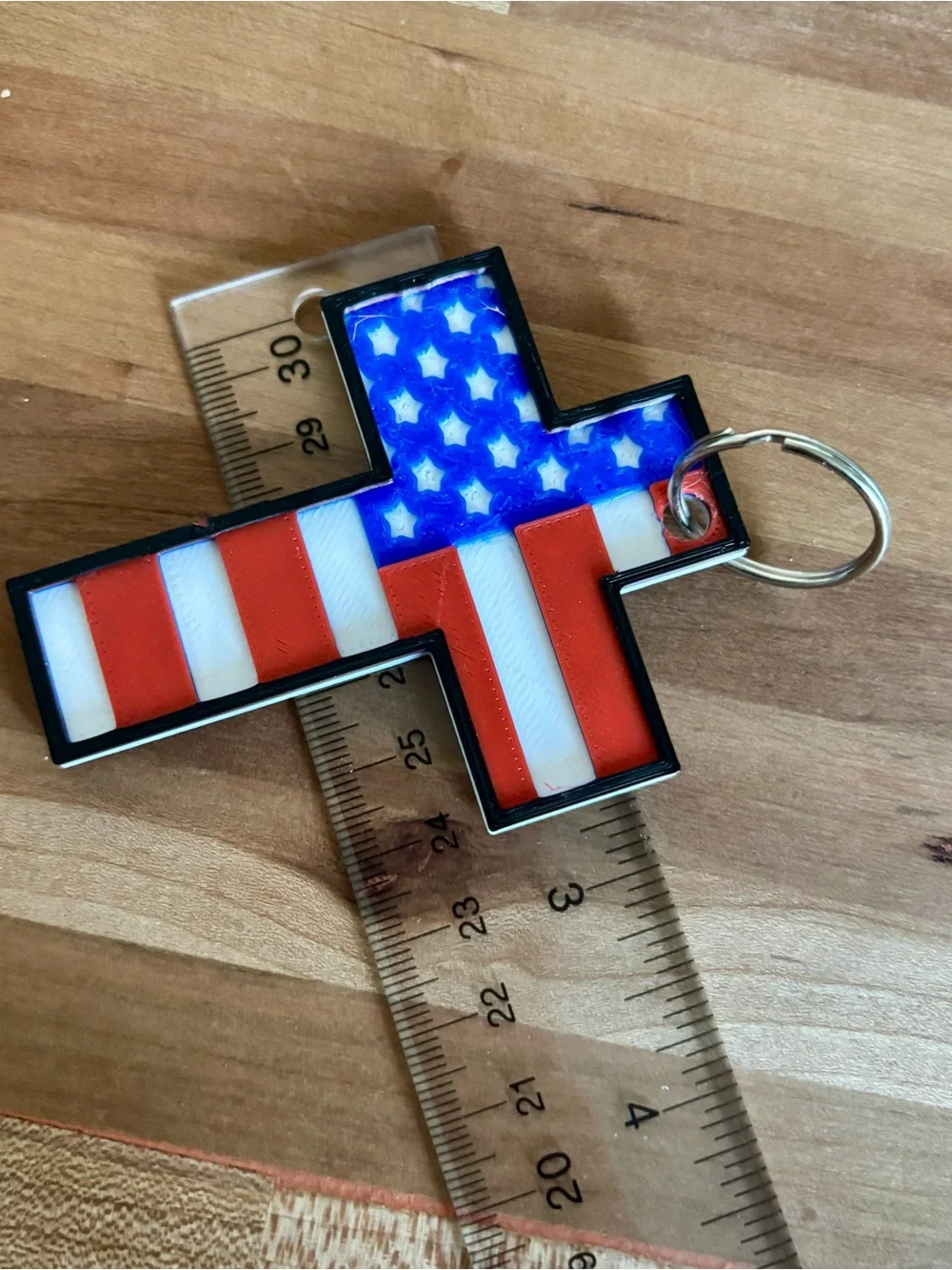 American Flag Cross Keychain – Patriotic Red, White & Blue Accent